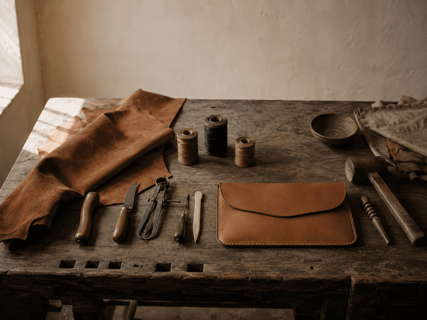 The HEYBE atelier — workbench, leather, and hand tools