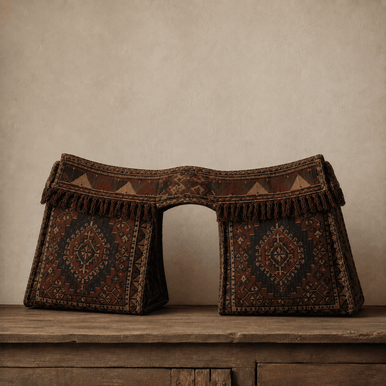 An antique Azerbaijani heybə saddlebag woven from kilim