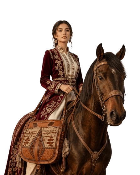 Woman on horseback with a traditional heybə